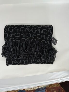 Guess Black and Gray Monogram Scarf with Fringe